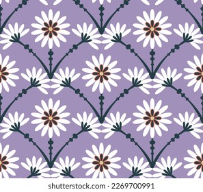 Abstract Tile Style Art Deco Flowers Seamless Pattern Vector Design Trendy Fashion Colors Perfect for Allover Fabric Print or Wrapping Paper Lilac Tones