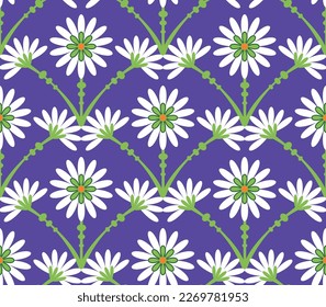 Abstract Tile Style Art Deco Flowers Seamless Pattern Vector Design Trendy Fashion Colors Perfect for Allover Fabric Print or Wrapping Paper Electric Purple Green Tones