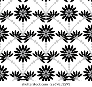 Abstract Tile Style Art Deco Flowers Seamless Pattern Vector Design Trendy Fashion Colors Perfect for Allover Fabric Print or Wrapping Paper Isolated White Background Black Gray Tones