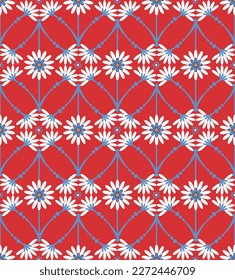 Abstract Tile Style Decorative Flowers Branches Seamless Vector Pattern Trendy Fashion Colors Perfect for Allover Fabric Print or Wrapping Paper Red Background