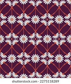 Abstract Tile Style Decorative Flowers Branches Seamless Vector Pattern Trendy Fashion Colors Perfect for Allover Fabric Print or Wrapping Paper Dark Purple Background