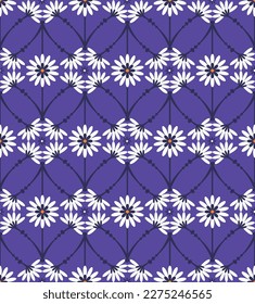 Abstract Tile Style Decorative Flowers Branches Seamless Vector Pattern Trendy Fashion Colors Perfect for Allover Fabric Print or Wrapping Paper Electric Purple Background