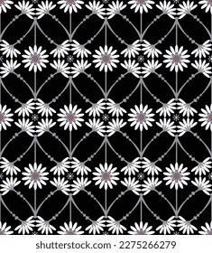 Abstract Tile Style Decorative Flowers Branches Seamless Vector Pattern Trendy Fashion Colors Perfect for Allover Fabric Print or Wrapping Paper Black Background