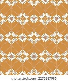 Abstract Tile Style Decorative Flowers Branches Seamless Vector Pattern Trendy Fashion Colors Perfect for Allover Fabric Print or Wrapping Paper Mustard Yellow Background