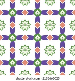 Abstract Tile Style Oriental Florals Geometric Modern Moroccan Nostalgic Retro Funky Seamless Pattern Trendy Fashion Colors Perfect for Allover Fabric Print Electric Purple Green Tones