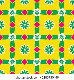 Abstract Tile Style Oriental Florals Geometric Modern Moroccan Nostalgic Retro Funky Seamless Pattern Trendy Fashion Colors Perfect for Allover Fabric Print Neon Yellow Green Tones