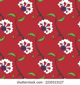 Abstract Tile Style Oriental Florals Branches Seamless Pattern Moroccan Ottoman Type Porcelain Concept Designs Perfect for Allover Fabric Print or Wrapping Paper Red Background
