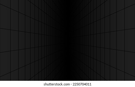 Abstract tiled background with perspective in black colors. Retro cyberpunk style 80s Sci-Fi Background Futuristic with dark grid landscape. Digital cyber surface style of the 1980`s. 3D illustration