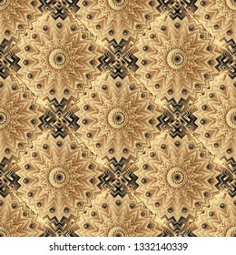 Abstract tiled floral vector seamless pattern. Ornamental colorful geometric background. Mandalas , flowers, zigzag lines. Ethnic style tribal ornament. Repeat decorative backdrop. Endless texture.