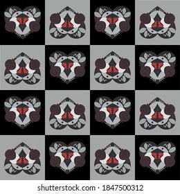 Abstract tiled heart background on gray chessboard. Gothic seamless background design. Vector illustration EPS 8.