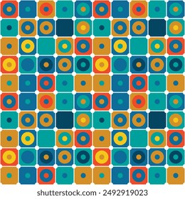 Abstract tiles with circles of a different color inside, as well as an outline and circles at the intersections.