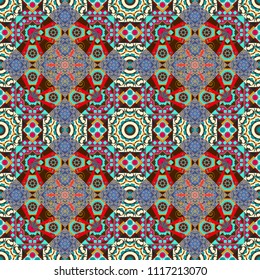 Abstract tiles with patterns in beige, blue and brown colors. Design for silk neck scarf, kerchief, hanky. Vector illustration. Square seamless pattern design for pillow, carpet, rug.