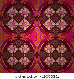 Abstract tiles with patterns in beige, red and orange colors. Vector illustration. Design for silk neck scarf, kerchief, hanky. Square seamless pattern design for pillow, carpet, rug.