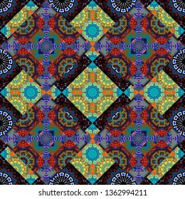 Abstract tiles with patterns in black, brown and blue colors. Vector illustration. Design for silk neck scarf, kerchief, hanky. Square seamless pattern design for pillow, carpet, rug.