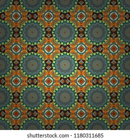 Abstract tiles with patterns in blue, green and orange colors. Vector illustration. Design for silk neck scarf, kerchief, hanky. Square seamless pattern design for pillow, carpet, rug.