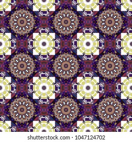 Abstract tiles with patterns in blue, white and gray colors. Square seamless pattern design for pillow, carpet, rug. Design for silk neck scarf, kerchief, hanky. Vector illustration.