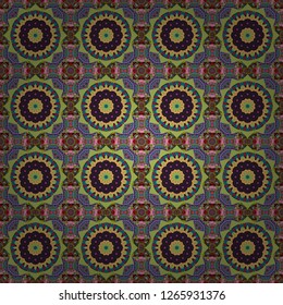 Abstract tiles with patterns in brown, blue and green colors. Square seamless pattern design for pillow, carpet, rug. Design for silk neck scarf, kerchief, hanky. Vector illustration.