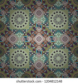 Abstract tiles with patterns in gray, blue and green colors. Vector illustration. Square seamless pattern design for pillow, carpet, rug. Design for silk neck scarf, kerchief, hanky.