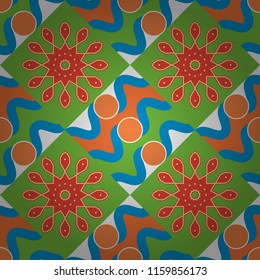Abstract tiles with patterns in green, blue and orange colors. Design for silk neck scarf, kerchief, hanky. Square seamless pattern design for pillow, carpet, rug. Vector illustration.