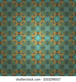Abstract tiles with patterns in orange, blue and green colors. Square seamless pattern design for pillow, carpet, rug. Design for silk neck scarf, kerchief, hanky. Vector illustration.