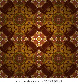 Abstract tiles with patterns in orange, red and brown colors. Design for silk neck scarf, kerchief, hanky. Square seamless pattern design for pillow, carpet, rug. Vector illustration.