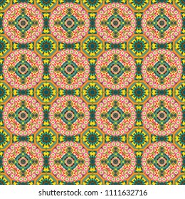 Abstract tiles with patterns in pink, blue and yellow colors. Design for silk neck scarf, kerchief, hanky. Vector illustration. Square seamless pattern design for pillow, carpet, rug.