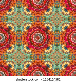 Abstract tiles with patterns in red, blue and orange colors. Vector illustration. Square seamless pattern design for pillow, carpet, rug. Design for silk neck scarf, kerchief, hanky.