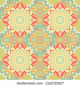 Abstract tiles with patterns in yellow, pink and beige colors. Square seamless pattern design for pillow, carpet, rug. Vector illustration. Design for silk neck scarf, kerchief, hanky.