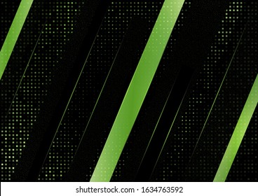 Abstract tilted stripes, halftone squares on a black background. Green gradient, small particles. Universal template for cover design, business card, flyer. Vector illustration