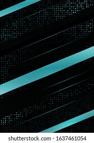 Abstract tilted stripes, halftone squares on a black background. Blue gradient, small particles. Universal template for cover design, business card, flyer. Vector illustration