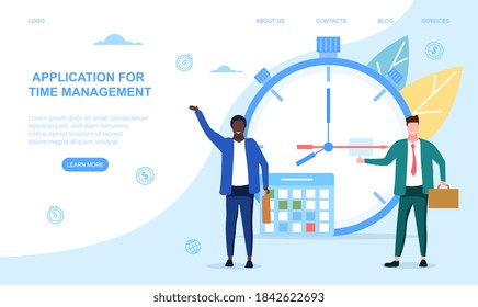 Abstract time management concept for successful people and entrepreneurs with two diverse multiracial men standing next to giant clock. Vector illustration. Website, web page or landing page template