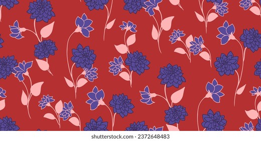 Abstract tiny branches flowers peonies, dahlia and buds with leaves seamless pattern. Vector hand drawn  flowers.  Retro, vintage print. Template for design, fabric, fashion, wallpaper, textile