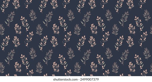 Abstract tiny branches, little flowers buds pattern on a dark background. Creative small floral stems with drops, dots, spots seamless print. Vector hand drawing. Minimalistic ornament for textile