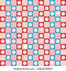 Abstract Tiny Colorful Squares Small Flowers Geometric Retro Pattern Trendy Pastel Fashion Colors Perfect for Allover Fabric Print or Wrapping Paper Cute Design Red Blue Pastel Pink Tones
