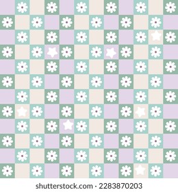Abstract Tiny Colorful Squares Small Flowers Geometric Retro Pattern Trendy Pastel Fashion Colors Perfect for Allover Fabric Print or Wrapping Paper Cute Design Lilac Blue Tones