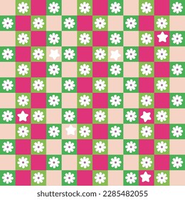 Abstract Tiny Colorful Squares Small Flowers Geometric Retro Pattern Trendy Pastel Fashion Colors Perfect for Allover Fabric Print or Wrapping Paper Cute Design Fuchsia Green Tones