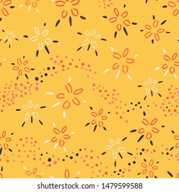 Abstract tiny daisy seamless pattern in saffron yellow, orange, white and black. Flowing design with a 60's or 70's retro look. Cute small print, great for textiles, fashion and children's decor.