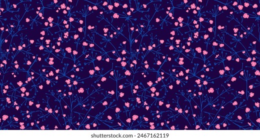Abstract tiny flowers with small branches intertwined in a seamless pattern. Vector hand drawing. Simple meadow printing on a dark background. Ornament for design, fabric, textiles, surface design