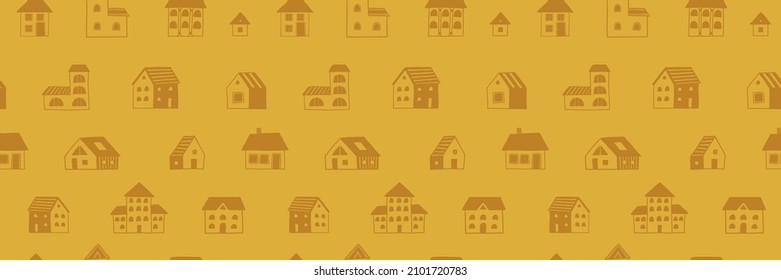 Abstract Tiny Houses Seamless Pattern. Cozy Home, Village, Vintage, Cottage Life Architecture. Little Houses, For Fabric Design, Wrapping Paper, Wallpaper, Background, Textile. Abstract Retro Building