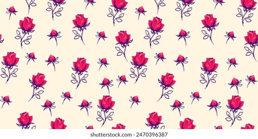 Abstract tiny rosebuds, small rose, little buds scattered randomly in a seamless pattern. Creative cute red flowers printing on a light background. Vector hand drawing sketch. Ornament repeated 