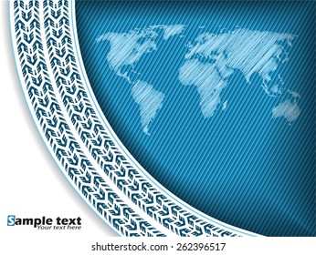 Abstract tire track background design with scribbled world map