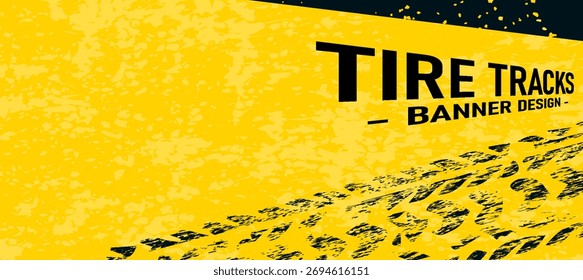 abstract tire tracks mark yellow banner in grungy style vector