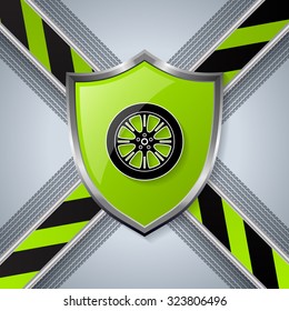 Abstract tire and wheel background design with shield for advertisement