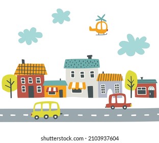 Abstract tittle town street print for baby. Scribble cityscape with house exterior, road, trees, cars, helicopter.