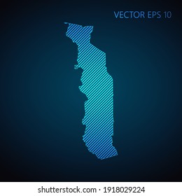 Abstract Togo map template made from blue diagonal lines on dark background. Vector illustration EPS10.