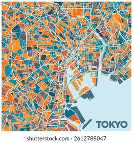 Abstract Tokyo city map illustration with orange and teal blocks. Tokyo, Japan Map.