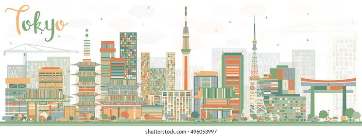 Abstract Tokyo Skyline with Color Buildings. Vector Illustration. Business Travel and Tourism Concept with Modern Architecture. Image for Presentation Banner Placard and Web Site.