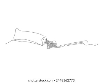 abstract toothbrush and toothpaste, continuous single line art hand drawing sketch