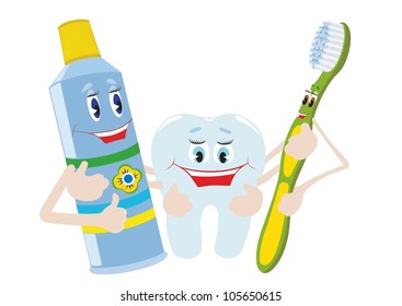 Abstract toothpaste, toothbrush and tooth. The illustration on a white background.