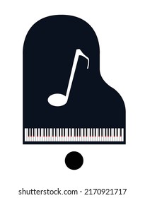 Abstract top view of a black grand piano and stool set on a white background with large musical note